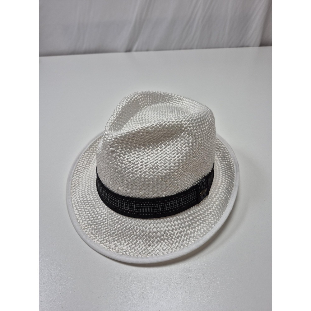 Scala Fedora Hat Trilby Fitted Mens L White Viscose Straw Lightweight Summer
